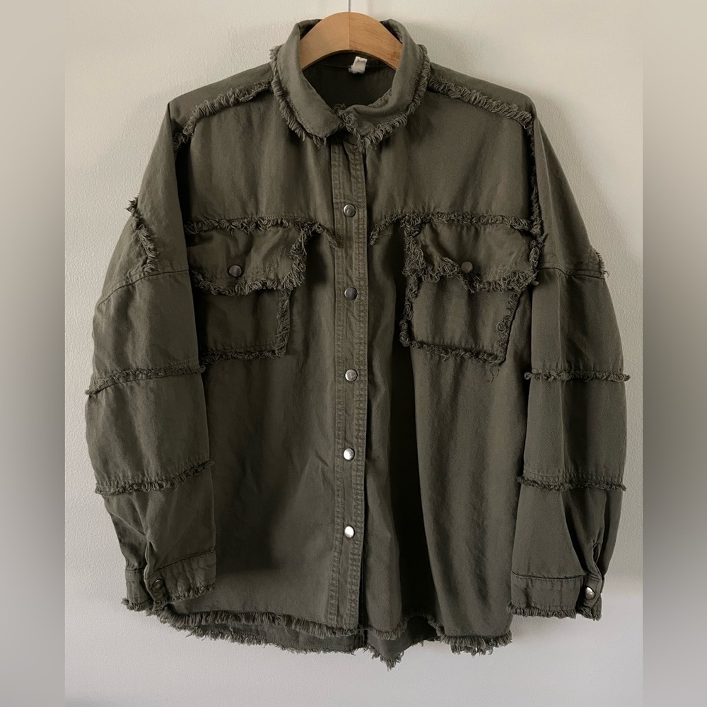 ELAN Rock & Roll Shirt Jacket Frayed Rag Puffy Letters 3D Green Size M Shacket - Picture 3 of 7